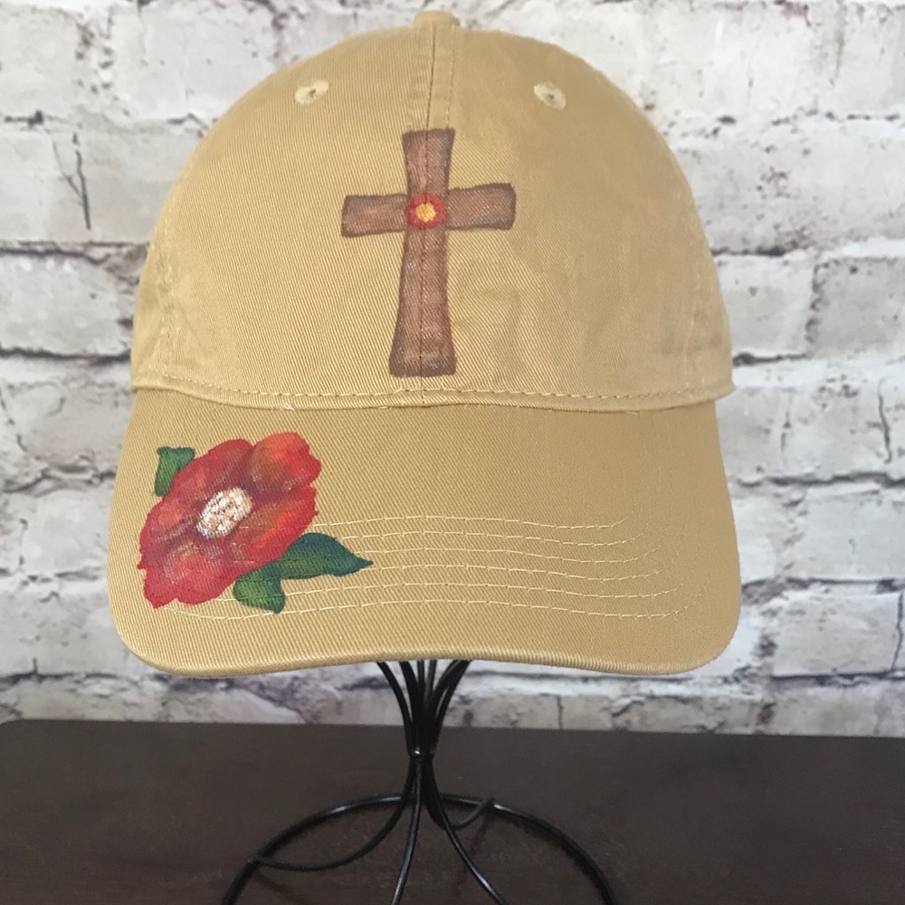 Womens Hat with Hand Painted Cross and Rose